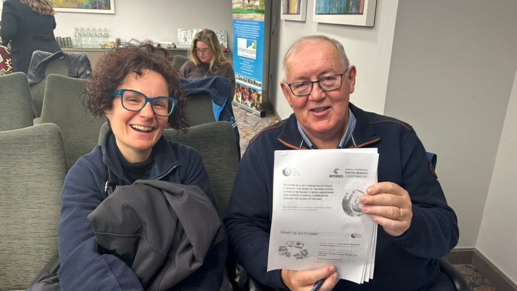 Dr. Maria Marra and Micheál Ó’Cinnéide (IOLN Regional Action and Activism Working Group) sharing the early findings from a survey on ocean activism